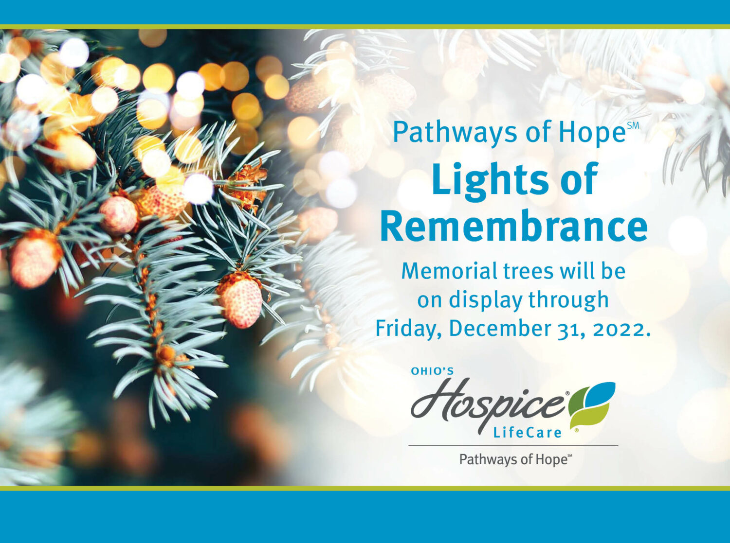 Pathways of Hope Lights of Remembrance: Memorial trees will be on display through Friday, December 31, 2022.