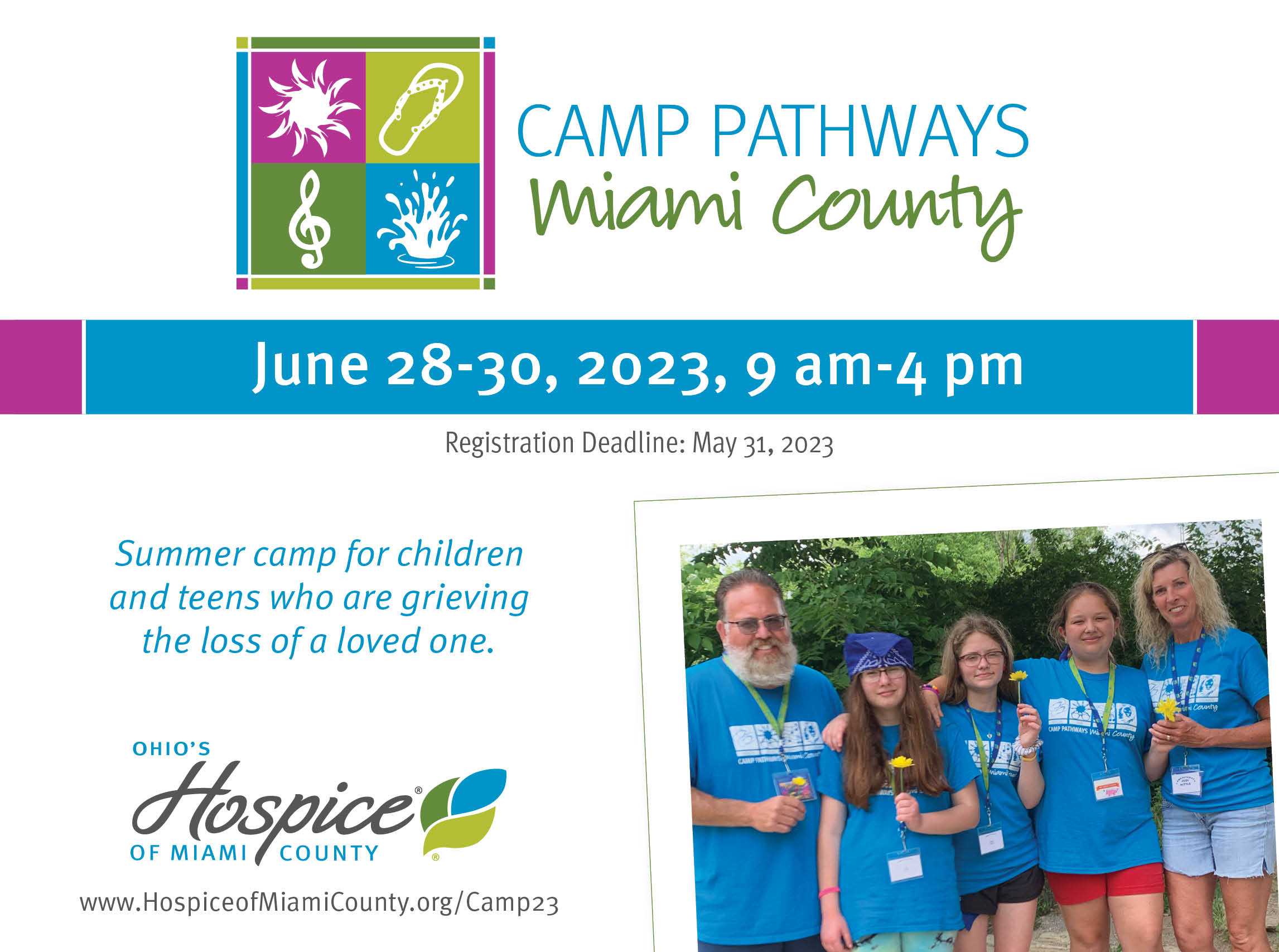 Camp Pathways: Miami County. Summer camp for children and teens who are grieving the loss of a loved one. Ohio's Hospice of Miami County