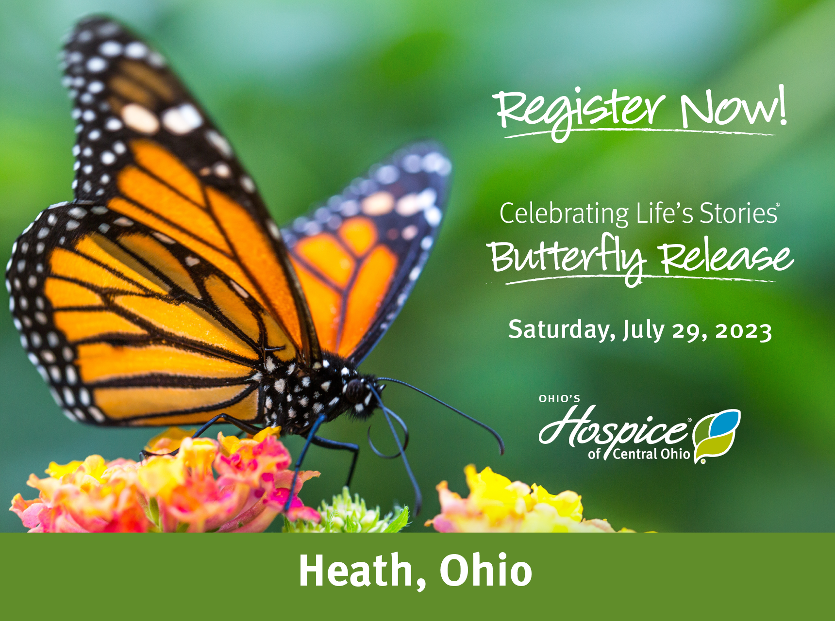 Register Now! Celebrating Life's Stories Butterfly Release. Saturday, July 29, 2023. Ohio's Hospice of Central Ohio. Heath, Ohio