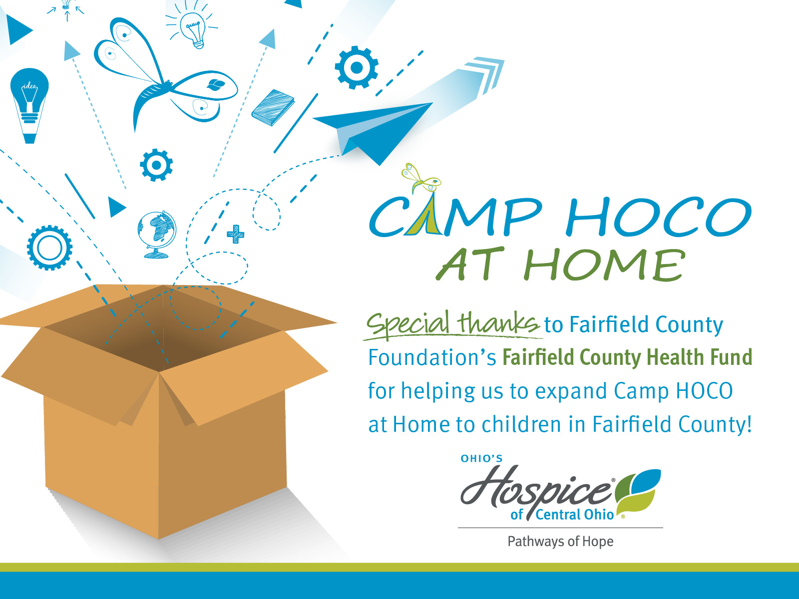 Camp HOCO at Home. Special thanks to Fairfield County Foundation's Fairfield County Health Fund for helping us to expand Camp HOCO at Home to children in Fairfield County! Ohio's Hospice of Central Ohio. Pathways of Hope.