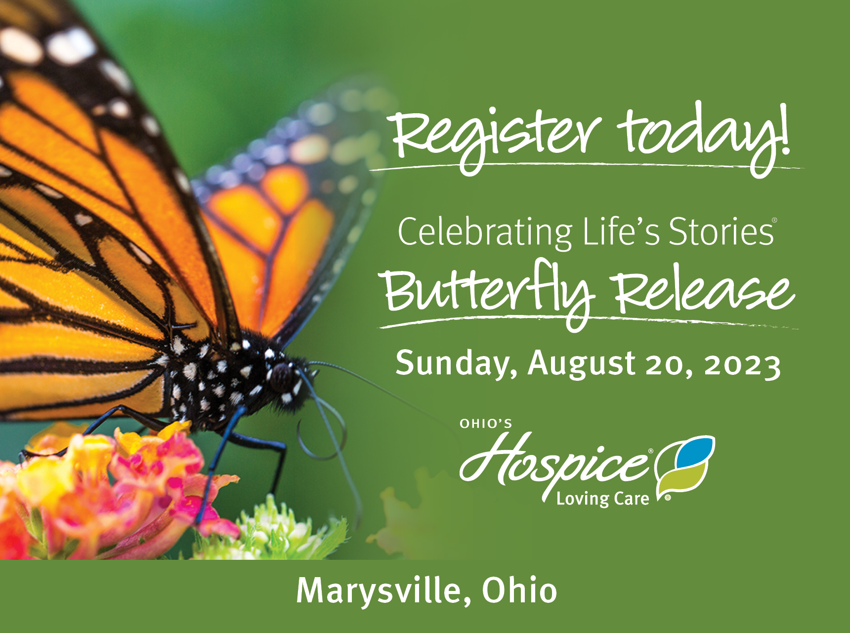 Register today! Celebrating Life's Stories Butterfly Release. Sunday, August 10, 2023. Ohio's Hospice Loving Care. Marysville, Ohio.
