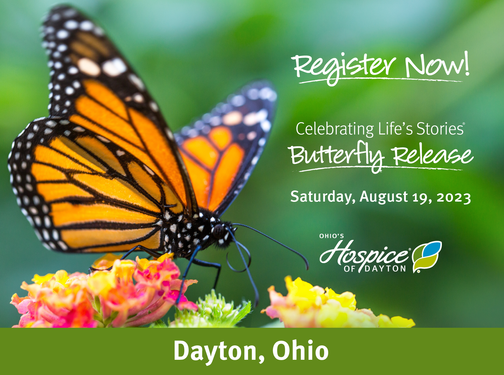 Register Today! Celebrating Life's Stories Butterfly Release. Saturday, August 19, 2023. Ohio's Hospice of Dayton. Dayton, Ohio